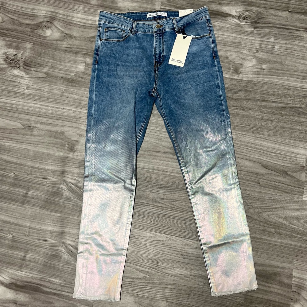NWT ZARA JEANS - Blue Medium Wash Silver Metallic Iridescent Holographic…